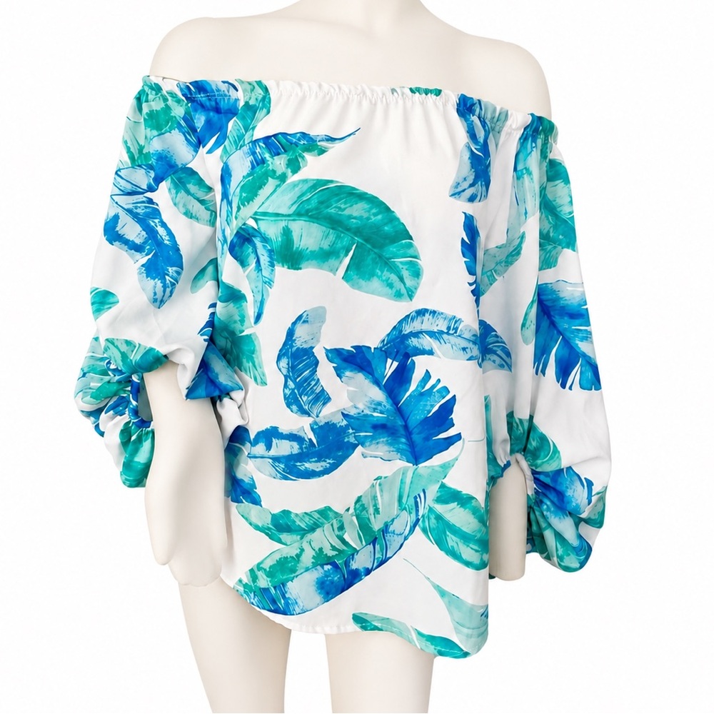Entro Tropical Palm Leaf Off Shoulder Blouse Blue Green White Size M